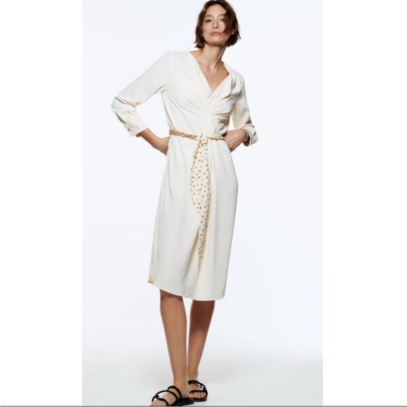 NWT ZARA Cream Knot Front Midi Dress with Polka Dot Belt XS Blogger Fav - Picture 1 of 16